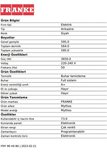 Franke Mythos FMY 99 HS BK 73 LT Ankastre Fırın