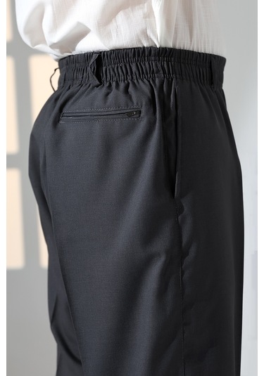 Erkek Rahat Kesim Beli Lastikli Cepli Hac Ve Umre Kumaş Şalvar Pantolon - Füme İsr Füme