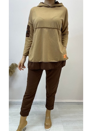 The İstanbul Kadın Kahve Kapşonlu Etek Ucu Detay Arma Ters Dikiş Gorunumlu Ikili Takım Sütlü Kahve