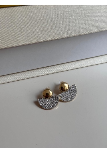 Yarım Ay Zirkon Taşlı Altın Renk Modern Küpe Kadın Çelik Küpe Altın