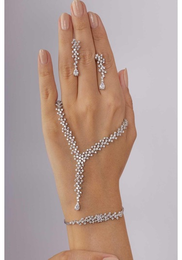 Gümüş Pazarım Pırlanta Montür 4 Tırnaklı Su Yolu 925 Ayar Gümüş Dügün Set Gümüş