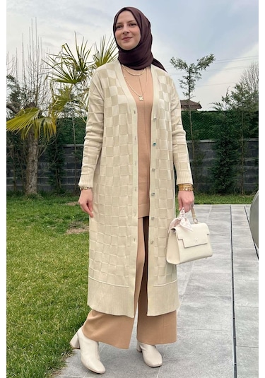 Rabia Şamlı Dama Desenli Taş Triko Hırka Çok Renkli