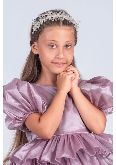 Volanella Taçlı Kız Çocuk Abiye Çift Tarz, Tek Elbise. Lila