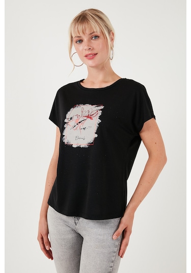 Lela Baskılı Bisiklet Yaka Regular Fit Bayan T Shirt 6671002 Siyah