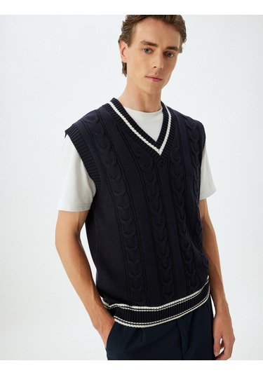 Koton Triko Süveter V Yaka Dokulu Kolsuz Pamuk Karışımlı Lacivert 5wam70139ht