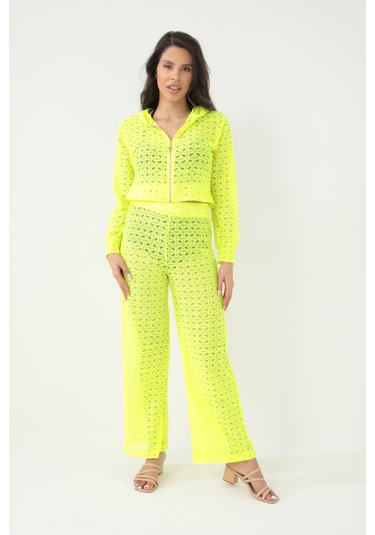 Kapuşonlu Dantel Bluz Neon Sarı