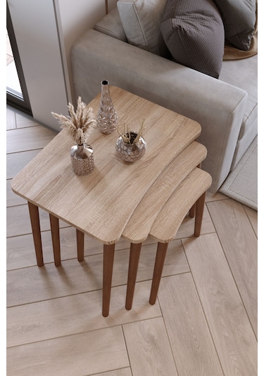 Zuesse Dizayn Reyhan 3lü Zigon Sehpa & Yan Sehpa Ahşap Ayaklı Salon Seti Çay Sehpası - Sonomo