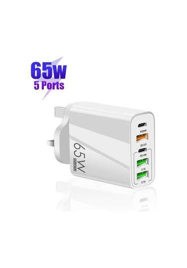 65w Çift Pd Tip-c + 3 X Usb Çok Portlu Şarj Cihazı 3a Tip-c Tip-c Veri Kablosu İle, İngiltere Fişi Beyaz Beyaz