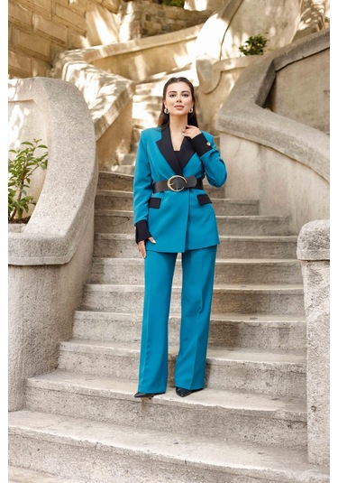 Gold Kemerli Garnili Kruvaze Takım Petrol Petrol