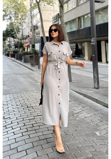 Gri/taş Kısa Kol, Gömlek Yaka, Düz Desen, Çift Cepli, Aerobin Kumaş, Kuşaklı Maxi Elbise Gri