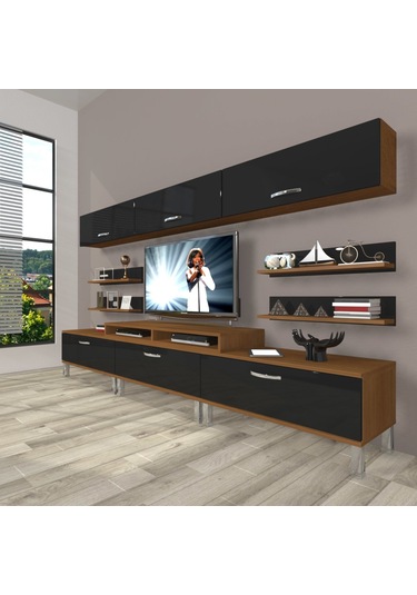Decoraktiv Ekoflex 8y Slm Krom Ayaklı Tv Ünitesi Tv Sehpası Ceviz - Siyah