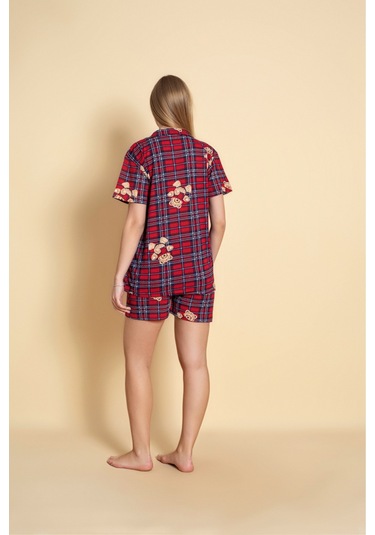 Kadın Gömlek Kısa Kol Şort Pijama Takımı Bordo