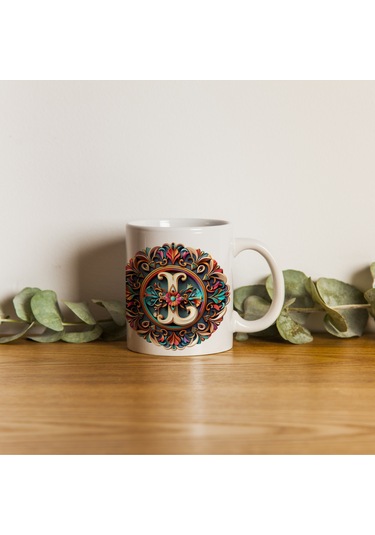 L Harfi Boho Bardak, Renkli Özel Tasarım Hediyelik Harfli Kupa, 330ml Porselen Beyaz