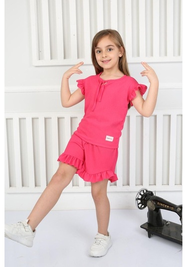 Fırfır Detaylı Şortlu Yazlık Kız Çocuk Takım Fuşya