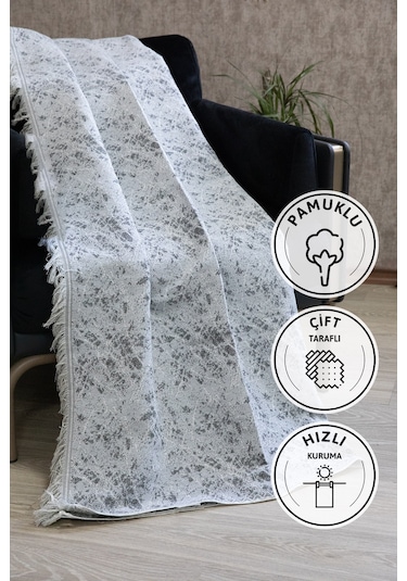 Mozaik Pamuklu Saçaklı Koltuk - Çekyat Örtüsü 170x220 - Gri Gri