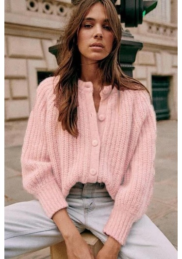 Madmext Pembe Bisiklet Yaka Selanik Örgü Düğmeli Kadın Hırka Mg2487 Pembe