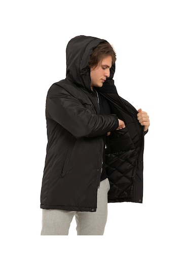 Erkek Polarlı Kürklü Su Ve Rüzgar Geçirmez Kapüşonlu Kışlık Mont & Kaban & Parka Siyah