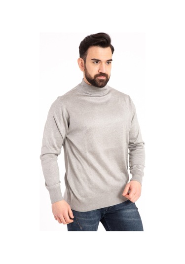 Nacar Store Erkek Ince Yün Yarım Boğazlı Triko Kazak Gri