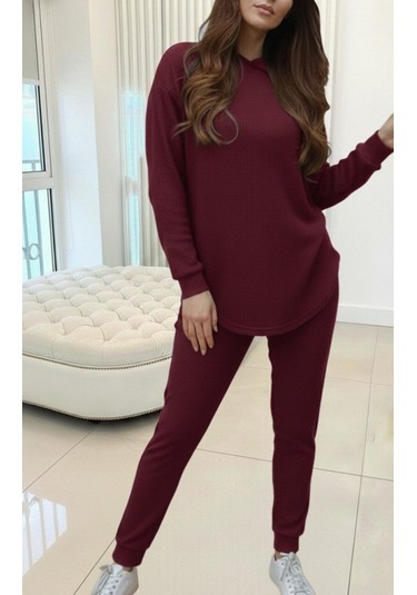 S-pazarım Kadın Uzun Kollu Kapşonlu Meloni Bluz Ve Pantolon Ikili Takım Bordo