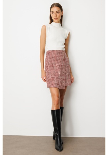 Ekol Kadın Süs Düğmeli Mini Tüvit Etek 5047 Kırmızı Kırmızı