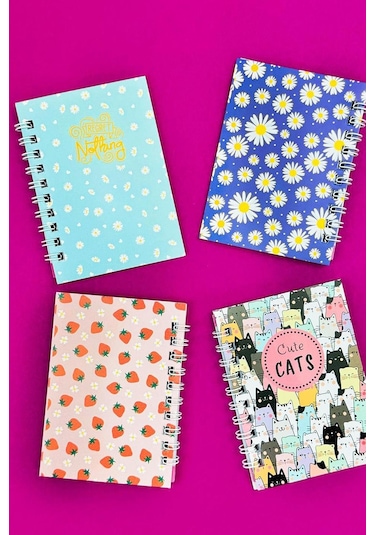 Mini 4'lü Renkli Desenli Spiralli Defter Çok Renkli