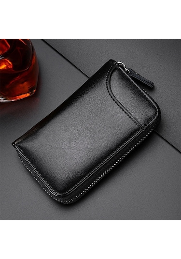 9106 Büyük Kapasiteli Fermuarlı Deri Anahtarlıklı Çanta Çok Fonksiyonlu Cüzdan Siyah