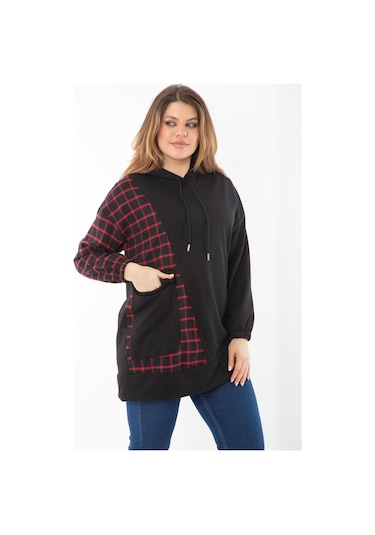 Kadın Büyük Beden Siyah Ekose Garnili Kapşonlu Sweatshirt 65n37289-siyah Siyah