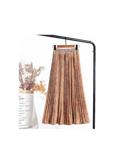 Haki Qooth Yaz Kadın Çiçek Baskılı Pilili Şifon Etek Yüksek Bel Pilili Orta Uzunlukta Elastik Bel Etek Qt807 Haki