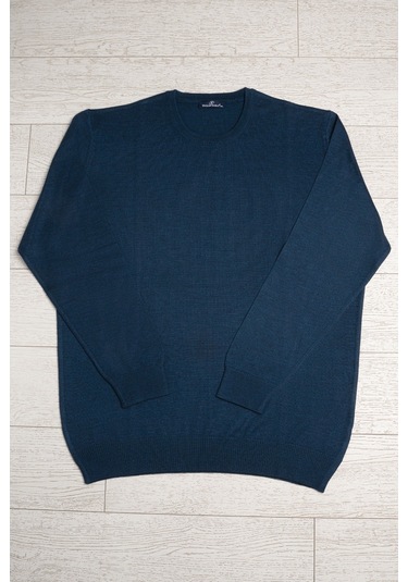 Woolen World Bisiklet Yaka Battal Büyük Boy Yünlü Triko Kazak İndigo