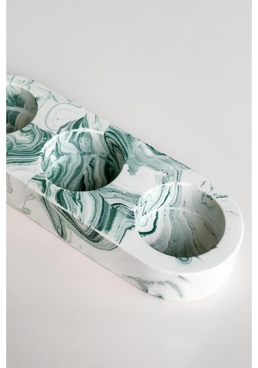 El Yapımı Yeşil Mermer Desenli 3 Gözlü Beton Tealight Mumluk Minimal Dekoratif Şamdan Yeşil