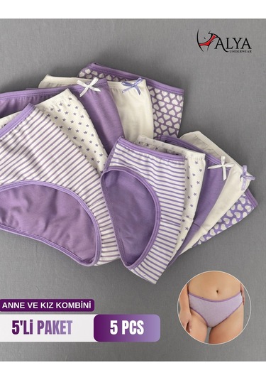 Alya Underwear Anne Kız Kombin Pamuklu Külot - Beyaz Slip İç Çamaşırı - 5'li Paket Çok Renkli P28