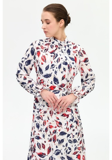 Yaprak Desenli Empirime Elbise Lacivert