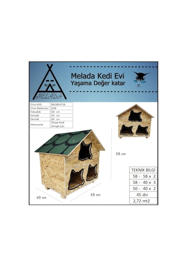 Melada Kedi Evi Dış Ortam Uygun Ahşap Kedi Evi Osb 58x58x40 Cm