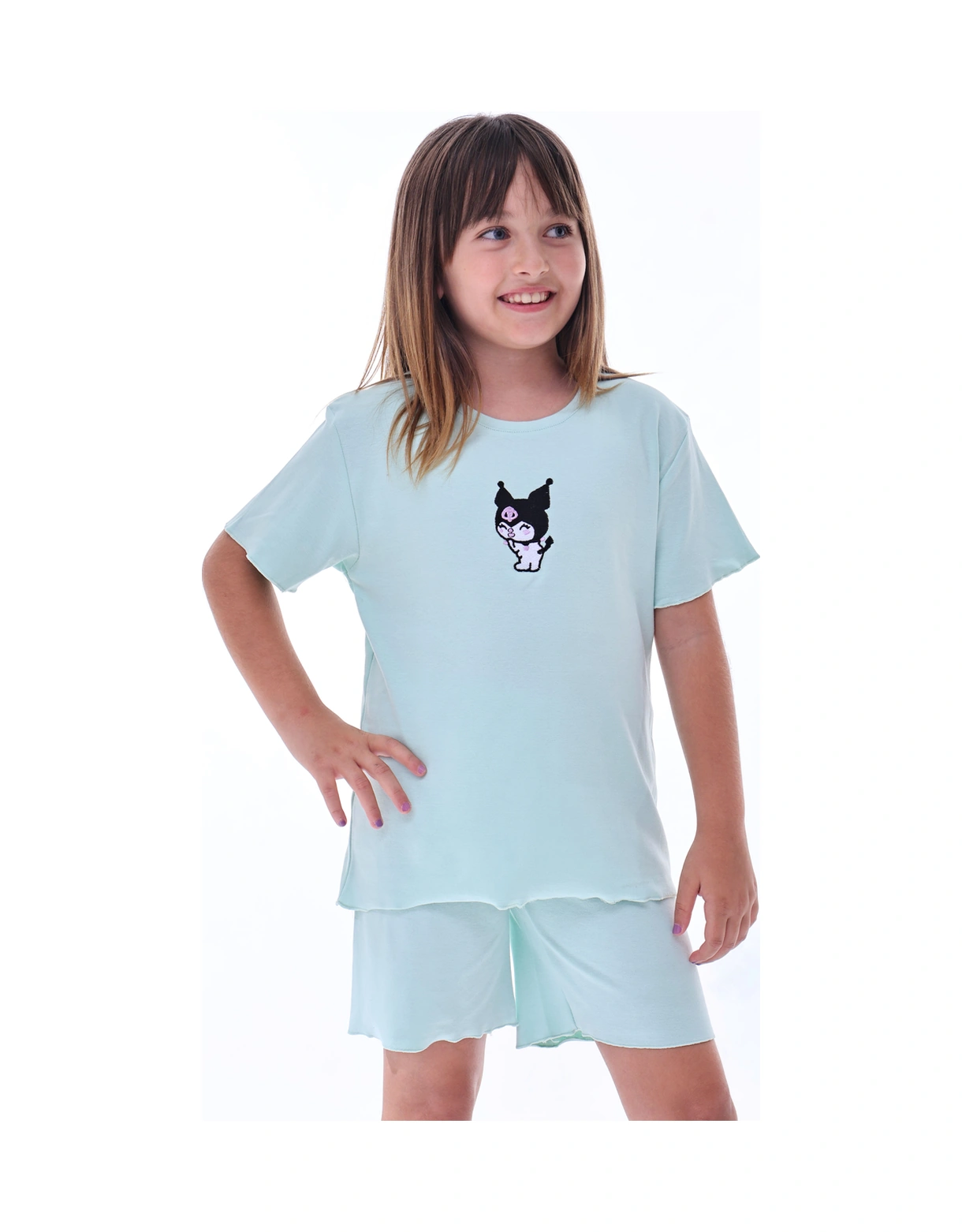 Ribana Beybi Overlok Detaylı Kuromi Nakışlı Alt-üst Takım Su Yeşili