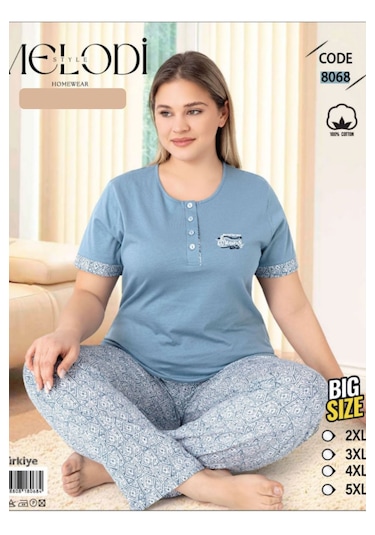 Melodi 8068 Kısa Kol %100 Pamuk Kadın Pijama Takımı V1 Mavi