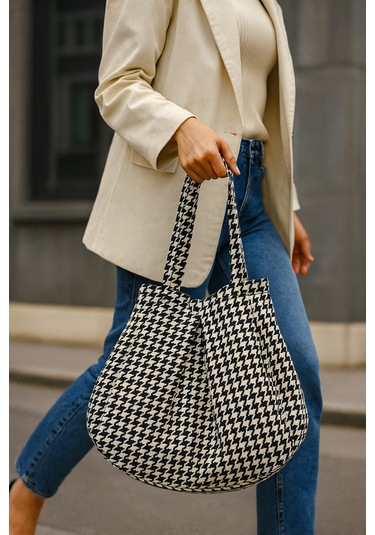 Yunusoğlu Home Siyah Beyaz Çok Amaçlı Premium Oversize Kazayağı Orta Boy Kanvas Kadın El Ve Omuz Çantası Siyah Beyaz Kazayağı