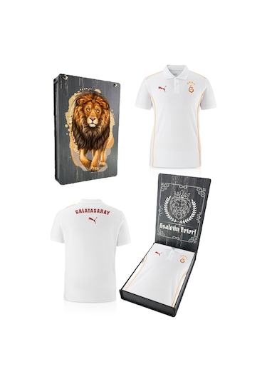 Galatasaray Lisanslı Polo Yaka Beyaz Antrenman T-shirt Gs Aslan Baskılı Hediyelik Ahşap Kutulu Beyaz - Bej