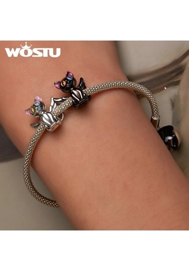 Novahub Siyah 925 Ayar Gümüş Melek Kedi Charms Kolye Kadınlar İçin Orijinal Takı Siyah