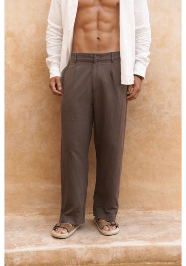 Fyfaha Bol Paça Erkek Kahve Keten Pantolon Kahve