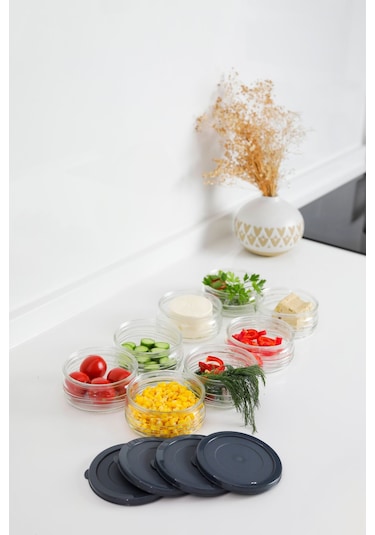 12'li Premium Kahvaltılık Seti 410 Cc Gri Plastik Kapaklı Cam Saklama Kabı, Hava Geçirmez Gri