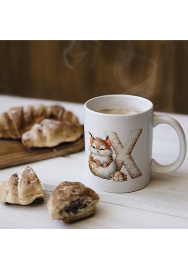 X Harfi Tasarım Bardak, Sevimli Hayvan Temalı Harf Bardağı Beyaz