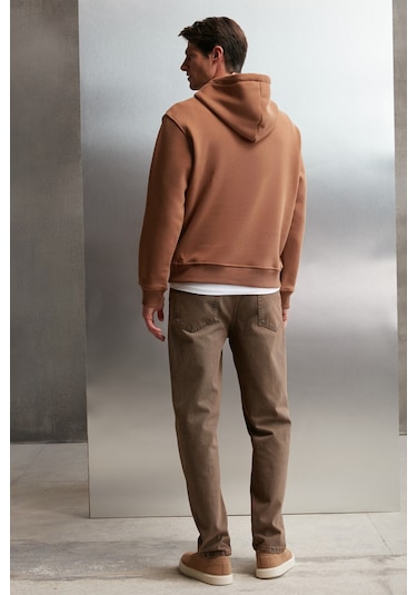 Grimelange Martel Erkek Yumuşacık Içi Polarlı Baskılı Regular Kordonlu Açık Kahverengi Sweatshirt
