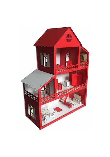 Ahşap Oyun Evi 60Cm 14 Eşya Kırmızı