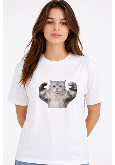 Nevermind Kadın Tişört Baskılı Kedi Desenli Basic Günlük Rahat Pamuk Beyaz M