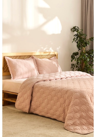 Kaşmir Home Lilly Çiçekli Çift Kişilik Yatak Örtüsü Takımı Pudra Pudra