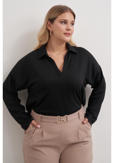 Polo Yaka Triko Bluz-3363 Siyah