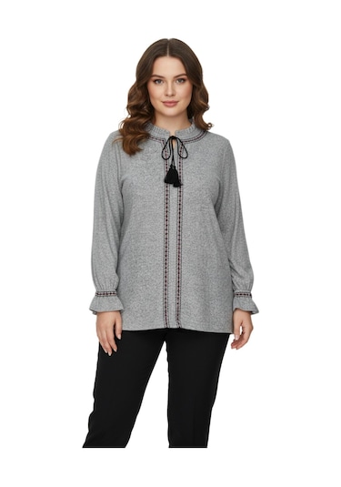 Wearon Kadın Yumoş Yaka Bağcıklı Kol Valonlu Modelli Bluz Bgl-st05141 Gri