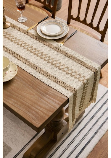 Pamuk Dantel Runner 35x145 Cm Masa Örtüsü Açık Kahve, Krem