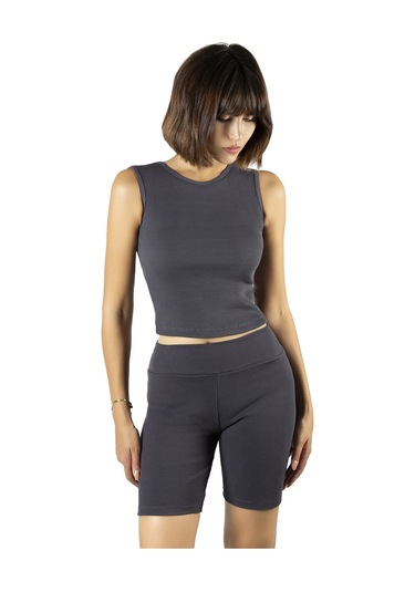 Antrasit Fitted/vücuda Oturan Crop Halter Yaka Fitilli Esnek Örme Bluz Atlet Antrasit