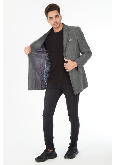 Sposo 5122 Dar Kalıp Ceket Yaka Erkek Balıksırtı Kısa Palto Füme Gri